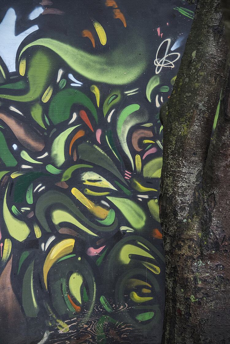 Green graffiti swirls beside a tree trunk
