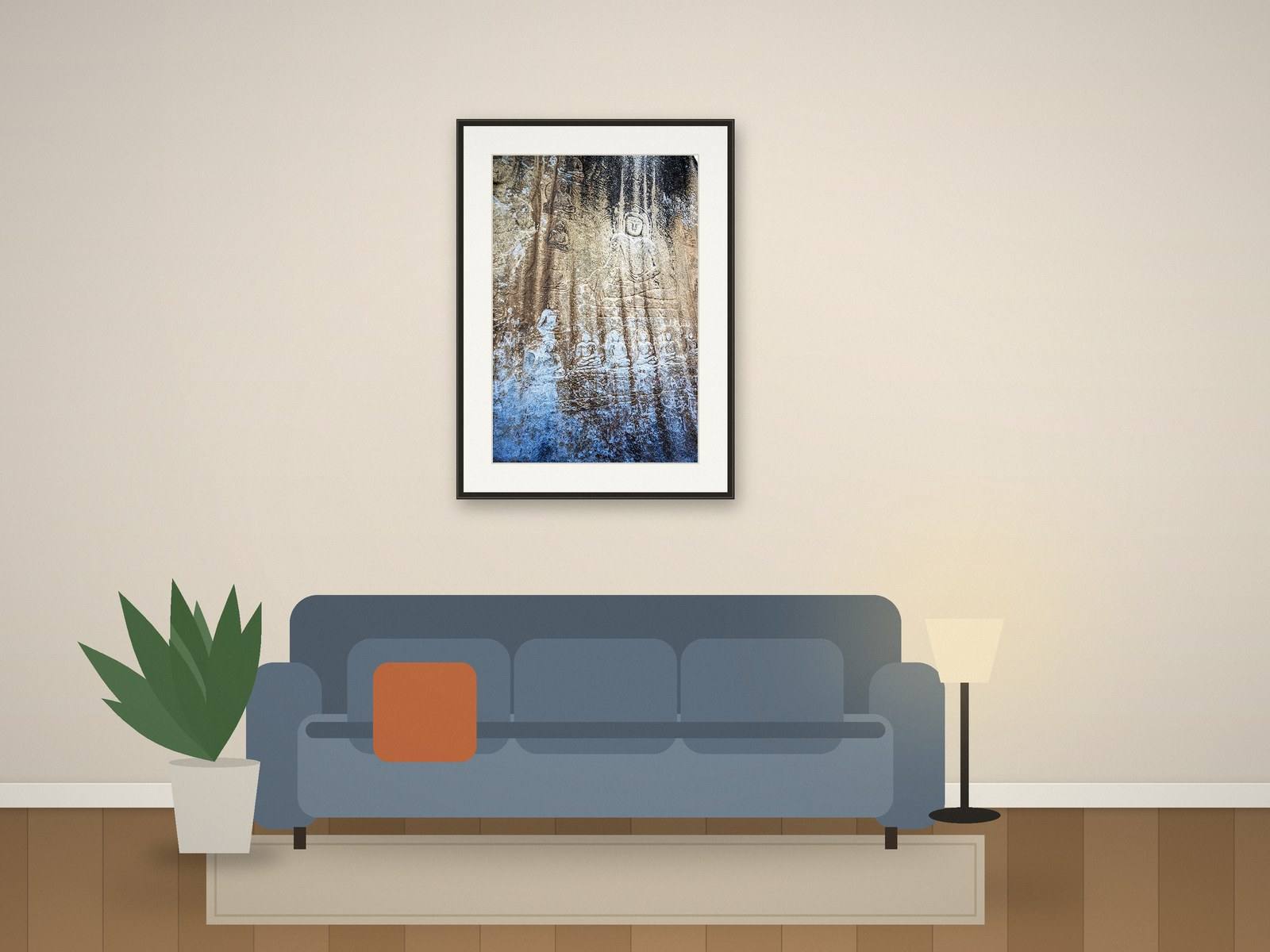 Illustration: framed weathered rock photograph above a sofa in a living room