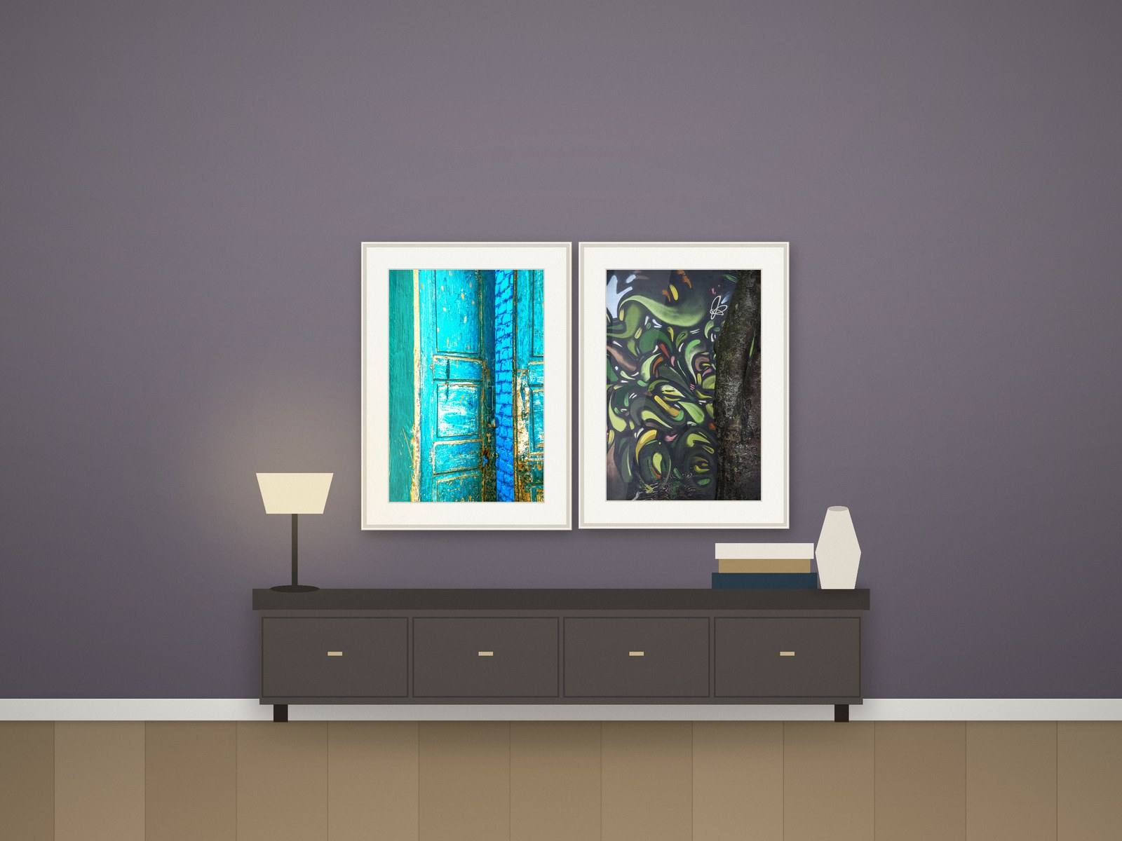 Illustration: pair of framed photographs above a credenza in an office