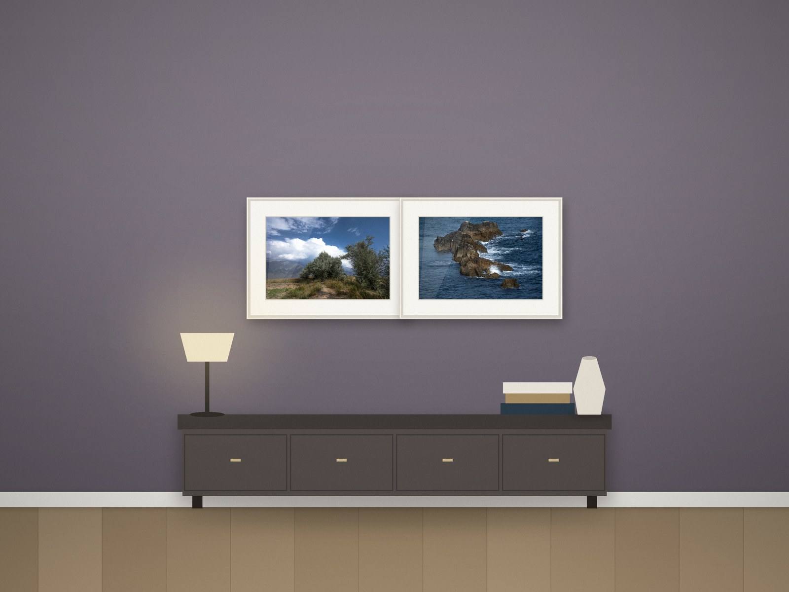 Illustration: pair of landscape photographs above a credenza in an office