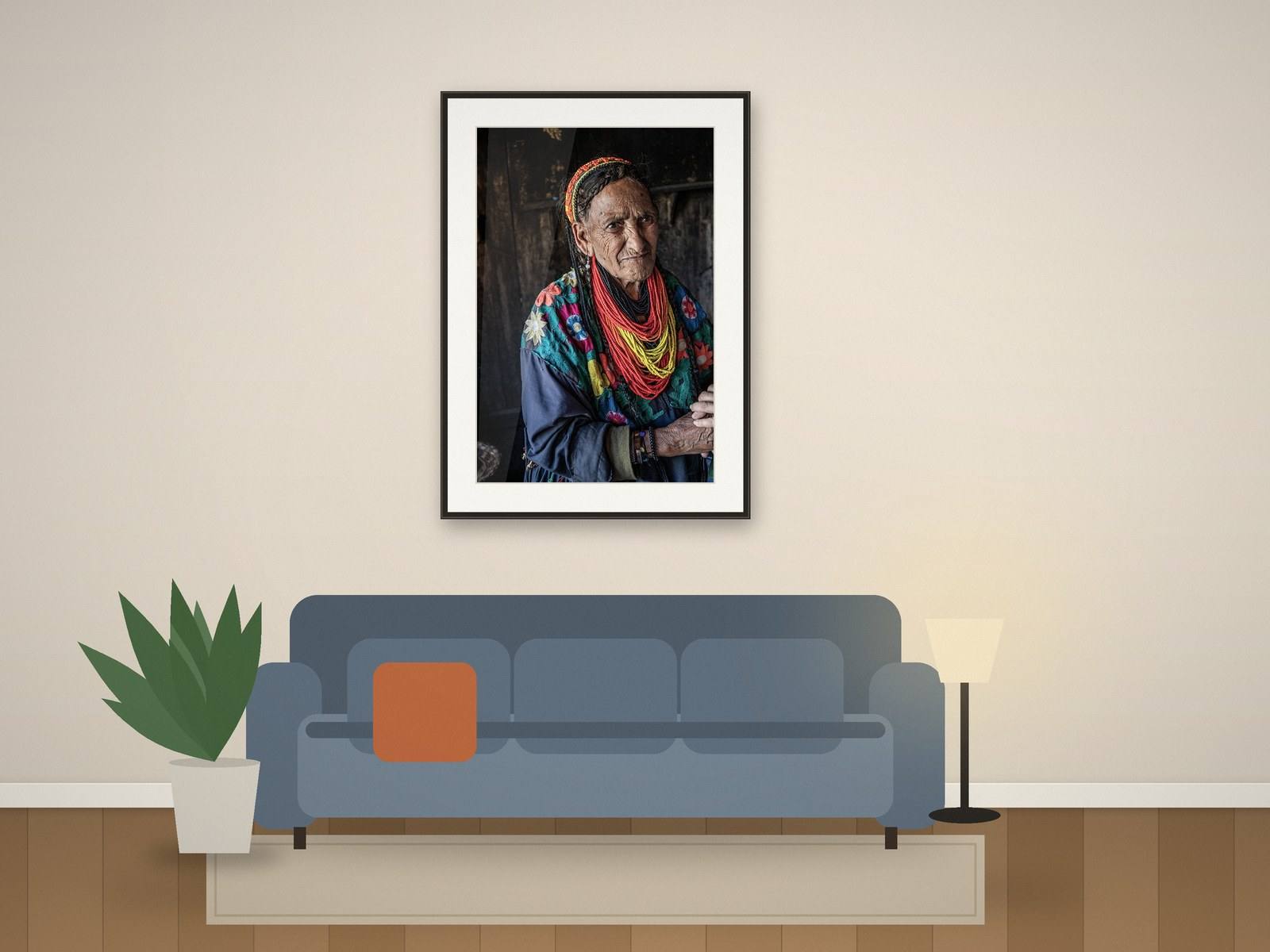 Illustration: portrait hung above a sofa in a living room