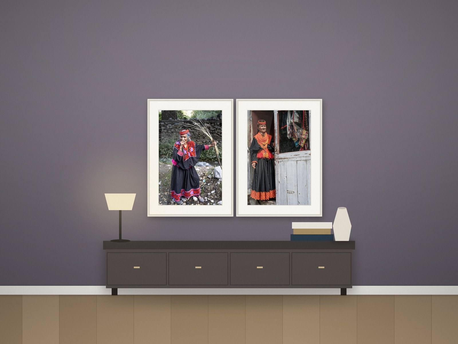 Illustration: pair of portraits above a credenza in an office