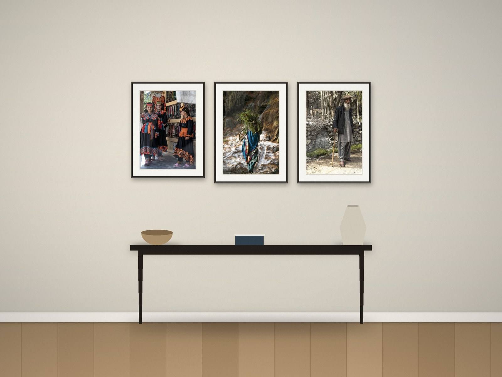 Illustration: three portraits above a hallway console