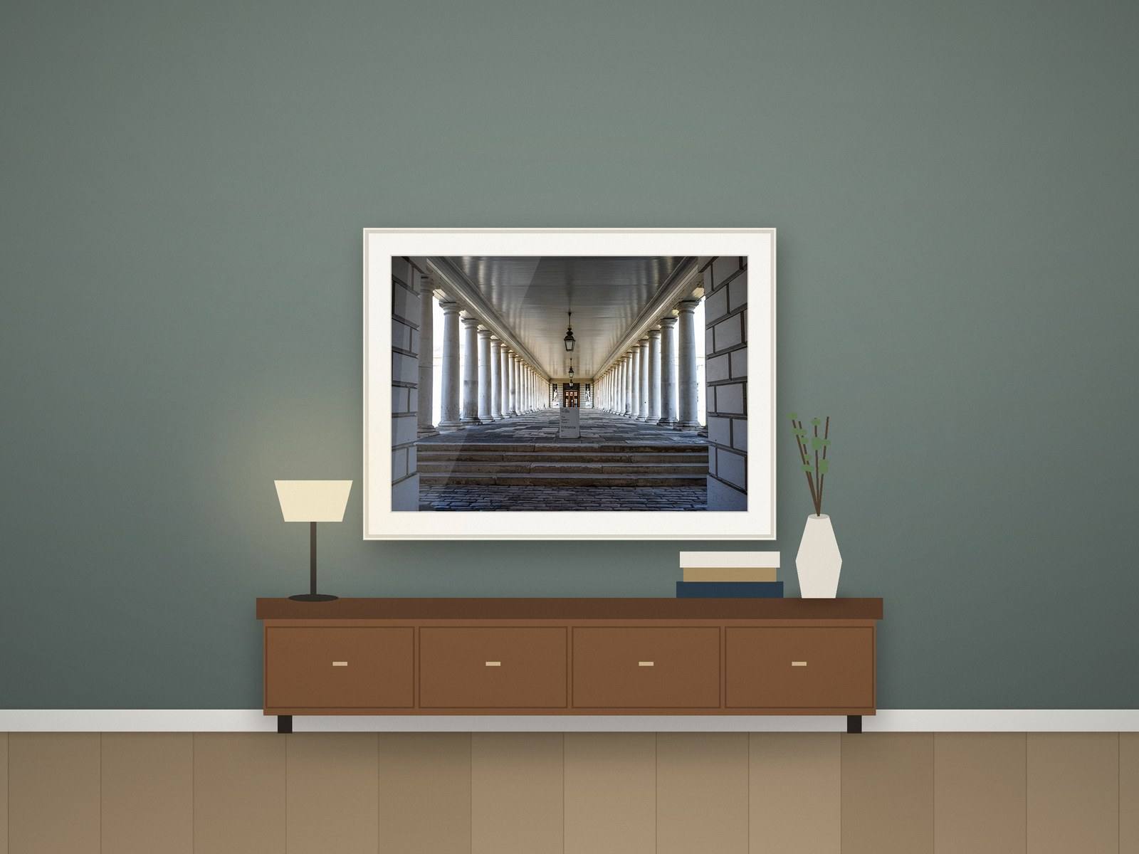 Illustration of a framed colonnade photograph above a wooden credenza in an office
